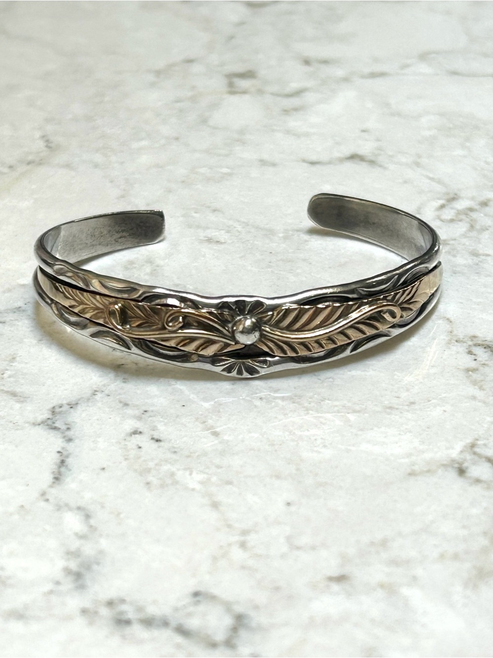 Vintage Navajo Sterling Silver With Gold Leaf Cuff Bracelet by Herb Tsosie, 17g.